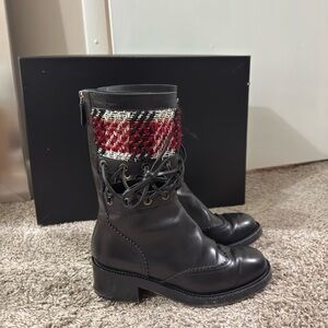 Chanel Black Lace-Up Boots with Red Plaid Detail